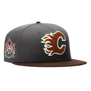 New Era Calgary Flames fitted hat Graphite, Brown colorway - New Era Drops Heritage Classic Fitted with Wood Grain Visor for Calgary Flames Fans