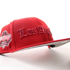 New Era Los Angeles Dodgers fitted hat Scarlet Red Gray Under Brim colorway - Dodgers Fitted Gets Stadium Patch Treatment in Bold Scarlet Red