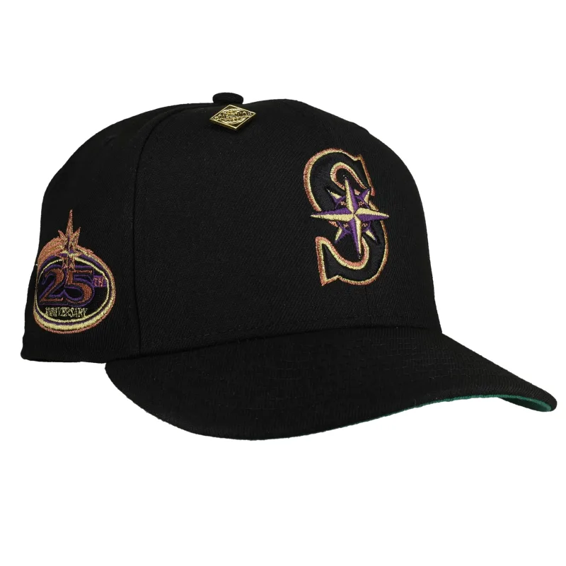 New Era Seattle Mariners fitted hat black, green, copper colorway - Silver Anniversary Fitted: New Era Celebrates 25 Years of Mariners Baseball with Black Copper Metallic Drop