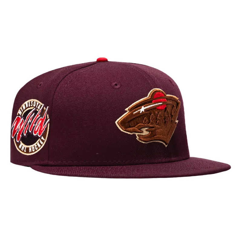 New Era Minnesota Wild fitted hat Maroon colorway - New Era Drops Clean Minnesota Wild Fitted with Wood Grain Design
