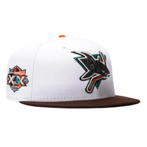 New Era San Jose Sharks fitted hat White, Brown colorway - Sharks Anniversary Fitted: New Era Drops Wood Grain 20th Anniversary Tribute