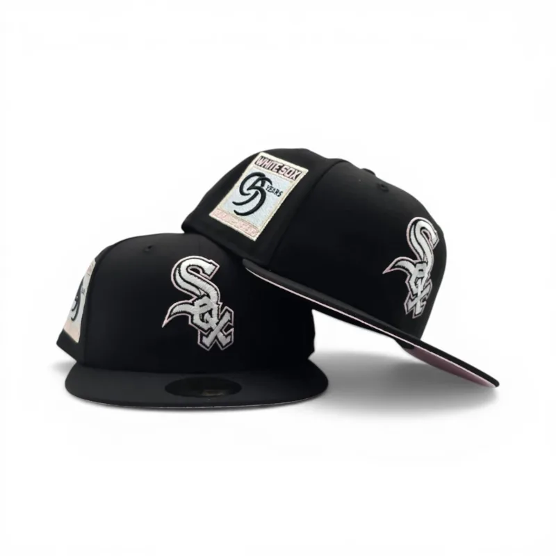 New Era Chicago White Sox fitted hat black, white, pink colorway - White Sox Drop Fresh Fitted with Pink Bottom and Anniversary Patch