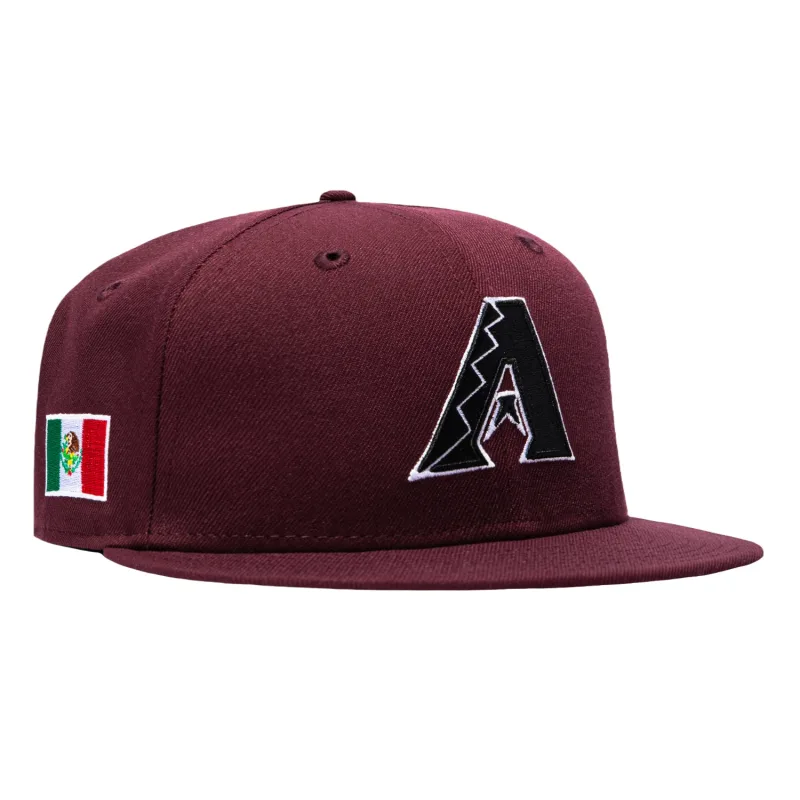 New Era Arizona Diamondbacks fitted hat Maroon, Black, White colorway - New Era 59Fifty Arizona Diamondbacks Mexico Flag Patch A Hat – Maroon, Black, White