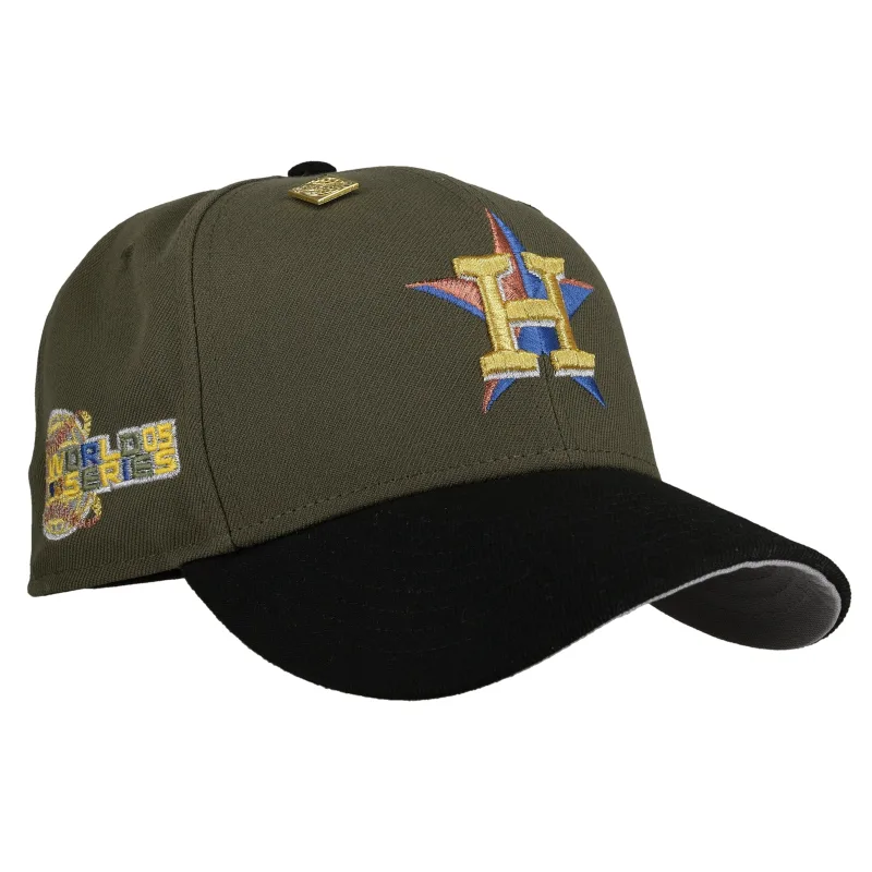 New Era Houston Astros fitted hat grey, green, olive colorway - 2005 World Series Fitted: New Era’s Metallic Olive Tribute to the Astros’ Historic First Fall Classic