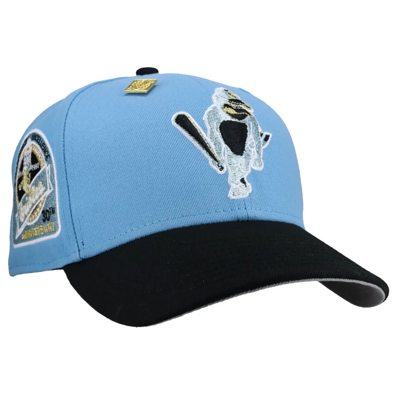 New Era Baltimore Orioles fitted hat black, grey, blue colorway - Baltimore Orioles 30th Anniversary Bird Light Blue/Black 59Fifty Fitted Hat