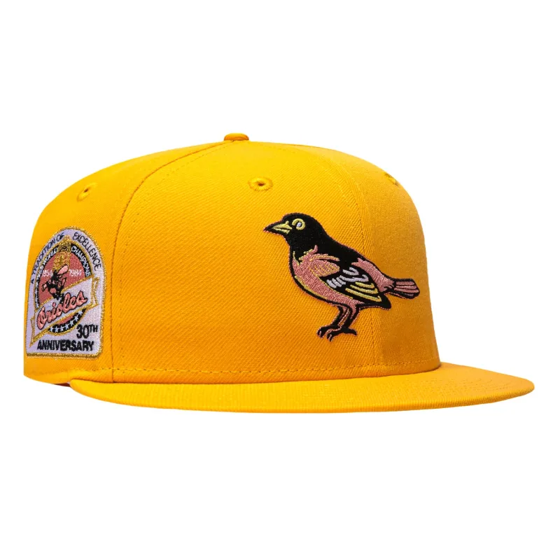 New Era Baltimore Orioles fitted hat Gold colorway - New Era 59Fifty Pink Lemonade Baltimore Orioles 30th Anniversary Patch Pink UV Hat – Gold