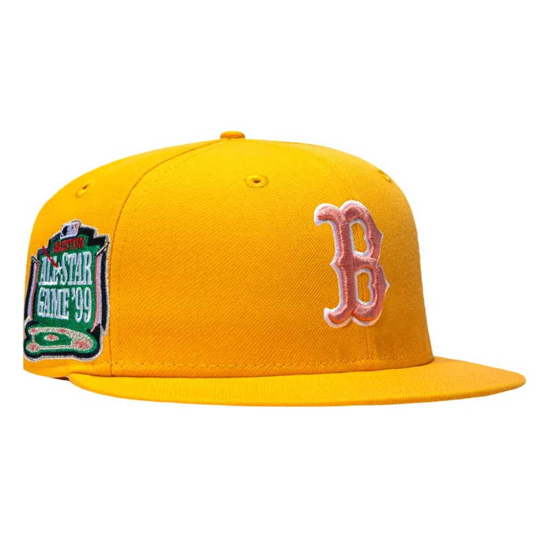 New Era Boston Red Sox fitted hat Gold colorway - New Era 59Fifty Pink Lemonade Boston Red Sox 1999 All Star Game Patch Pink UV Hat – Gold