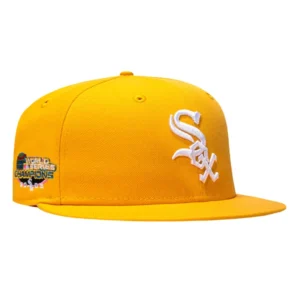 New Era Chicago White Sox fitted hat Gold colorway - New Era 59Fifty Pink Lemonade Chicago White Sox 2005 World Series Patch Pink UV Hat – Gold