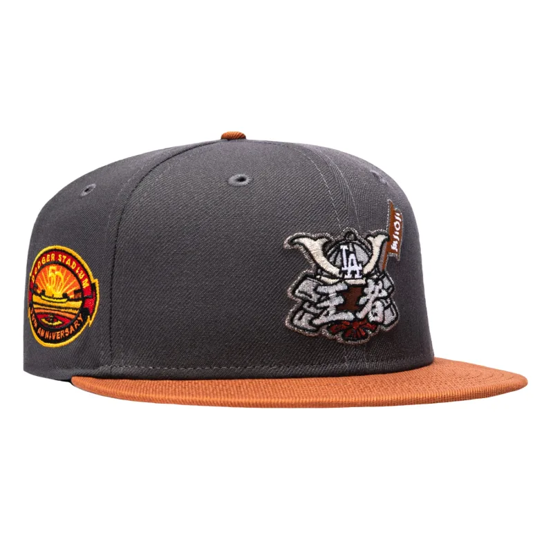 New Era Los Angeles Dodgers fitted hat Graphite, Brown colorway - 50th Anniversary Fitted: New Era Drops Dodgers Stadium Patch Tribute in Graphite