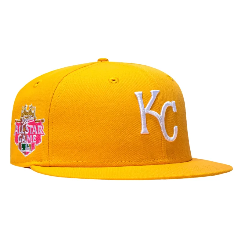 New Era Kansas City Royals fitted hat Gold colorway - New Era 59Fifty Pink Lemonade Kansas City Royals 2014 All Star Game Patch Pink UV Hat – Gold