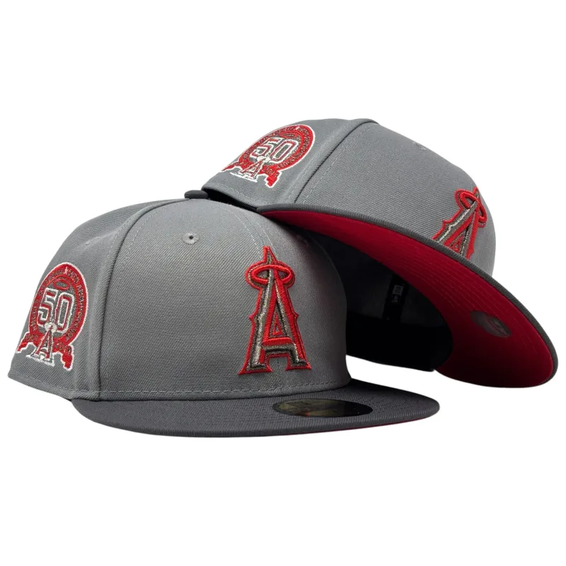 New Era Los Angeles Angels fitted hat gray, red colorway - Los Angeles Angels 50th Anniversary Red Brim Fitted Hats-Gray