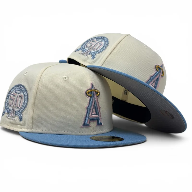 New Era Los Angeles Angels fitted hat white, pink colorway - Los Angeles Angels 50th Anniversary Pink Brim 59Fifty New Era Fitted Hat
