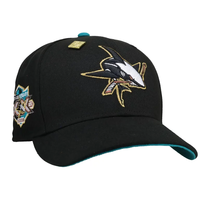 New Era Los Angeles Dodgers fitted hat black, blue, teal, gold colorway - San Jose Sharks 20th Anniversary Black/Teal Gold Metallics 59Fifty Fitted Hat