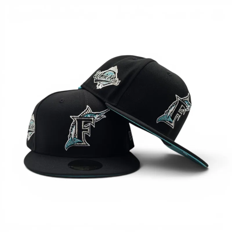New Era Miami Marlins fitted hat black, gray, teal colorway - Black Florida Marlins Teal Bottom 1997 World Series Side Patch New Era 59Fifty Fitted