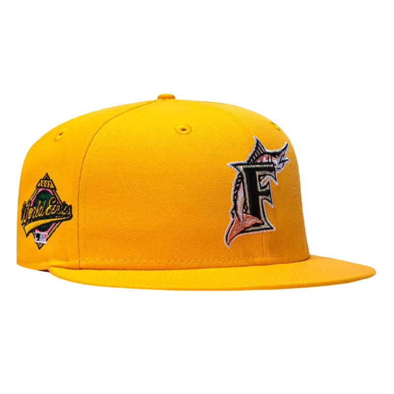 New Era Miami Marlins fitted hat Gold colorway - New Era 59Fifty Pink Lemonade Miami Marlins 1997 World Series Patch Pink UV Hat – Gold