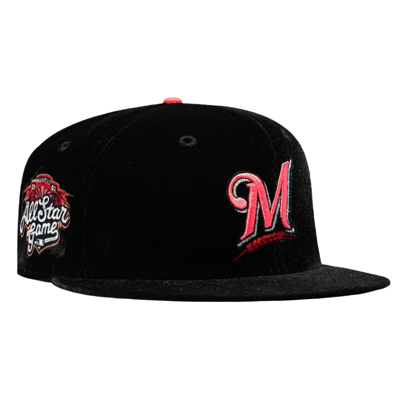 New Era Milwaukee Brewers fitted hat Black, Infrared colorway - New Era 59Fifty Milwaukee Brewers 2002 All Star Game Patch Velvet Hat – Black, Infrared