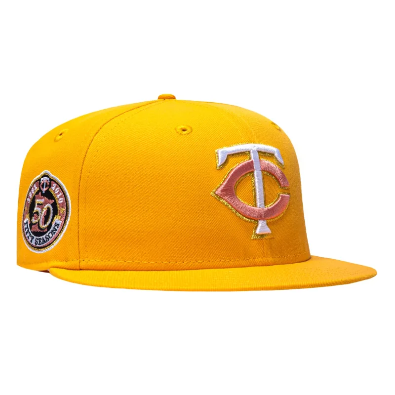 New Era Minnesota Twins fitted hat Gold colorway - New Era 59Fifty Pink Lemonade Minnesota Twins 50th Anniversary Patch Pink UV Hat – Gold