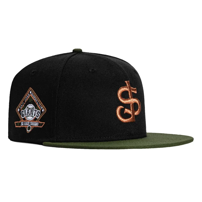 New Era New York Giants fitted hat Black, Olive, Metallic Copper colorway - New Era 59Fifty San Jose Giants 30th Anniversary Patch Hat – Black, Olive, Metallic Copper