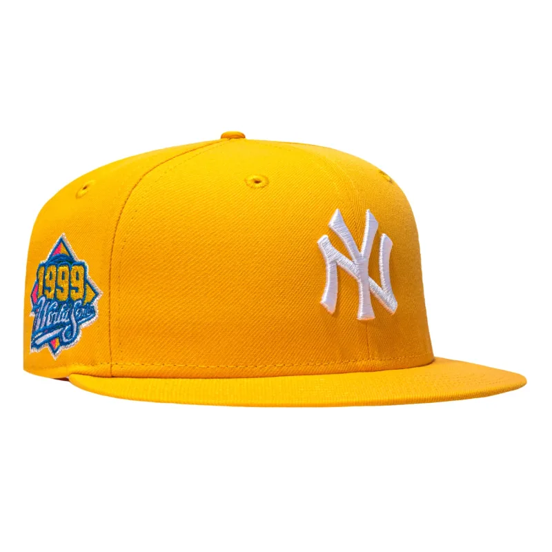 New Era New York Yankees fitted hat Gold colorway - New Era 59Fifty Pink Lemonade New York Yankees 1999 World Series Patch Pink UV Hat – Gold