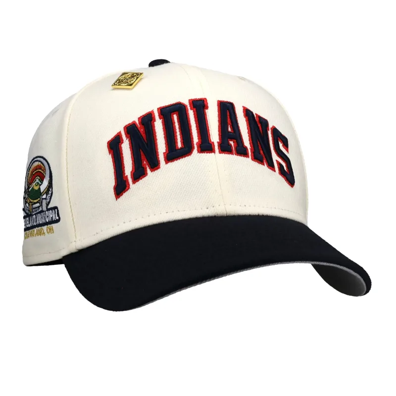 New Era New York Yankees fitted hat navy, white, grey, chrome colorway - Cleveland Indians Municipal Stadium Chrome/Navy 59Fifty Fitted Hat
