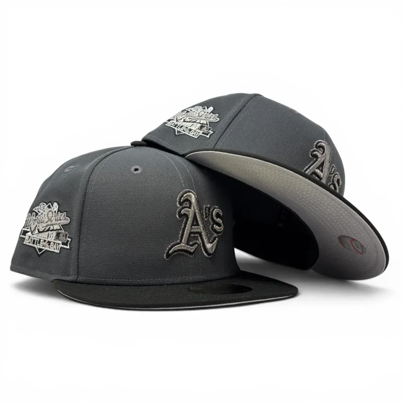 New Era Oakland Athletics fitted hat black, gray colorway - Oakland Athletics 1989 World Series Metallic Logo Fitted Hat- Dark Gray Black