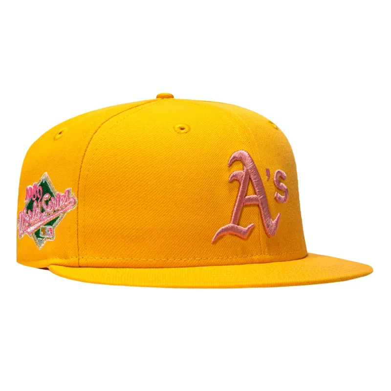 New Era Oakland Athletics fitted hat Gold colorway - New Era 59Fifty Pink Lemonade Oakland Athletics Battle of the Bay Patch Pink UV Hat – Gold