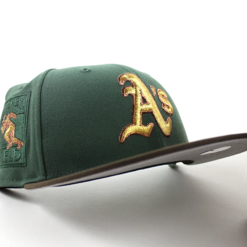 New Era Oakland Athletics fitted hat Mountain Green Walnut Gray Under Brim colorway - Oakland Athletics Ricky Henderson New Era 59Fifty Fitted Hat (Mountain Green Walnut Gray Under Brim)