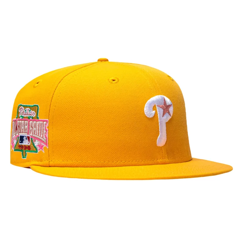 New Era Philadelphia Phillies fitted hat Gold colorway - New Era 59Fifty Pink Lemonade Philadelphia Phillies 1996 All Star Game Patch Alternate Pink UV Hat – Gold