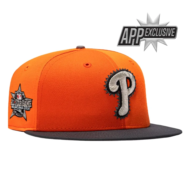 New Era Philadelphia Phillies fitted hat Orange, Graphite colorway - New Era 59Fifty Philadelphia Phillies 2026 All Star Game Patch Chainsaw Pinwheel Hat – Orange, Graphite