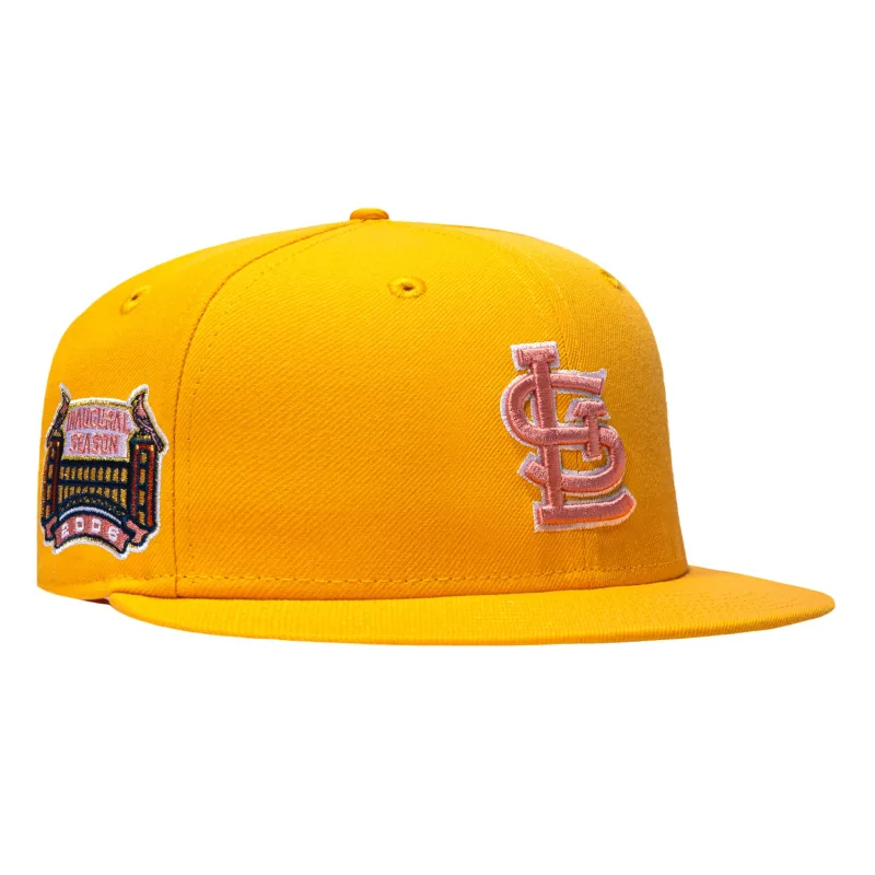 New Era St. Louis Cardinals fitted hat Gold colorway - New Era 59Fifty Pink Lemonade St Louis Cardinals Final Season Patch Pink UV Hat – Gold