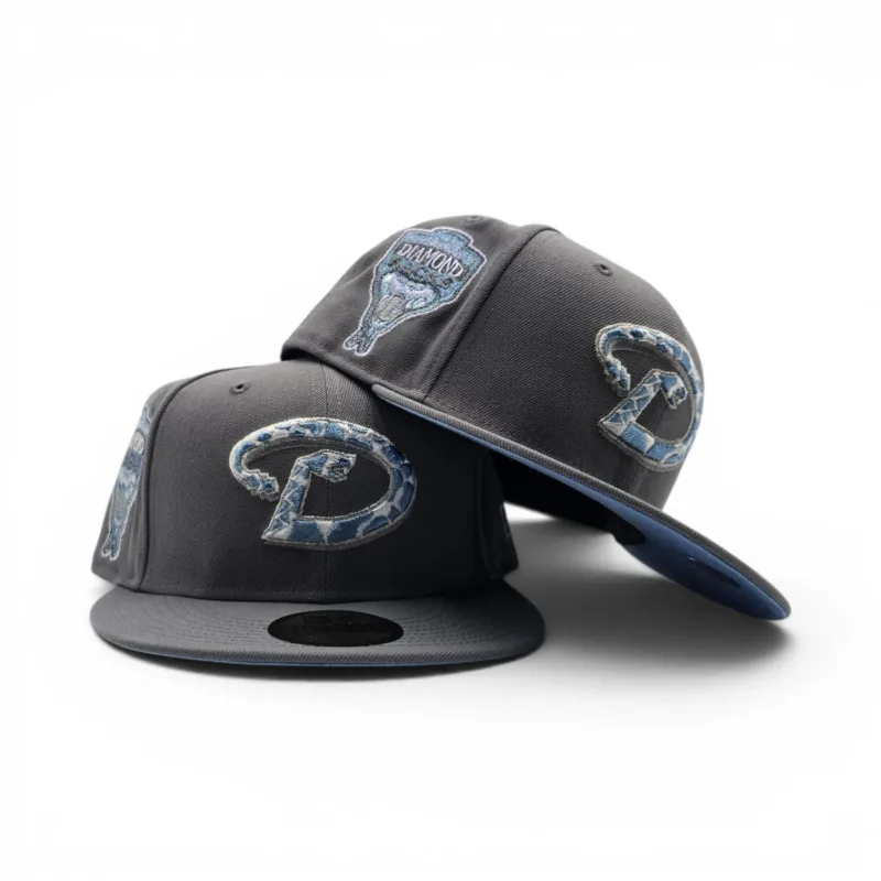 New Era Arizona Diamondbacks fitted hat gray, blue colorway - Storm Gray Arizona Diamondbacks Cow Print Logo Icy Blue Bottom 1998 Inaugural Season Side Patch New Era 59Fifty Fitted