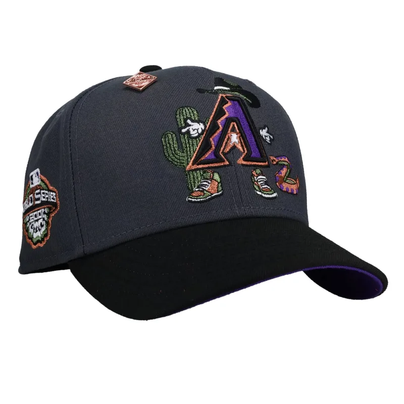 New Era Arizona Diamondbacks fitted hat grey, purple, graphite colorway - Arizona Diamondbacks 2001 World Series Graphite/Purple Cartoon 59Fifty Fitted Hat