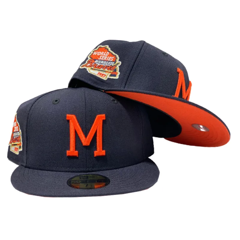 New Era Atlanta Braves fitted hat navy, orange colorway - MILWAUKEE BRAVES 1957 WORLD SERIES NAVY ORANGE BRIM NEW ERA FITTED HAT