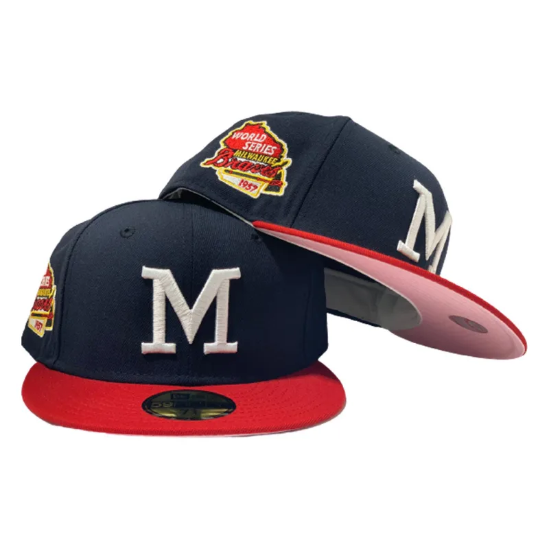 New Era Atlanta Braves fitted hat pink colorway - MILWAUKEE BRAVES 1957 WORLD SERIES PINK BRIM NEW ERA FITTED HAT