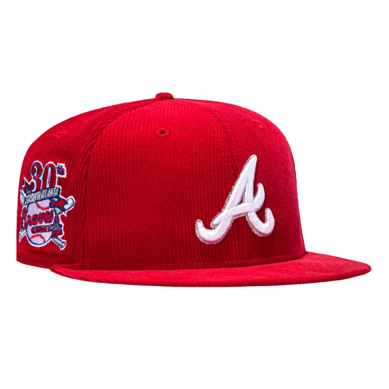 New Era Atlanta Braves fitted hat Red, White, Metallic Silver colorway - New Era 59Fifty Atlanta Braves 30th Anniversary Patch Corduroy Hat – Red, White, Metallic Silver