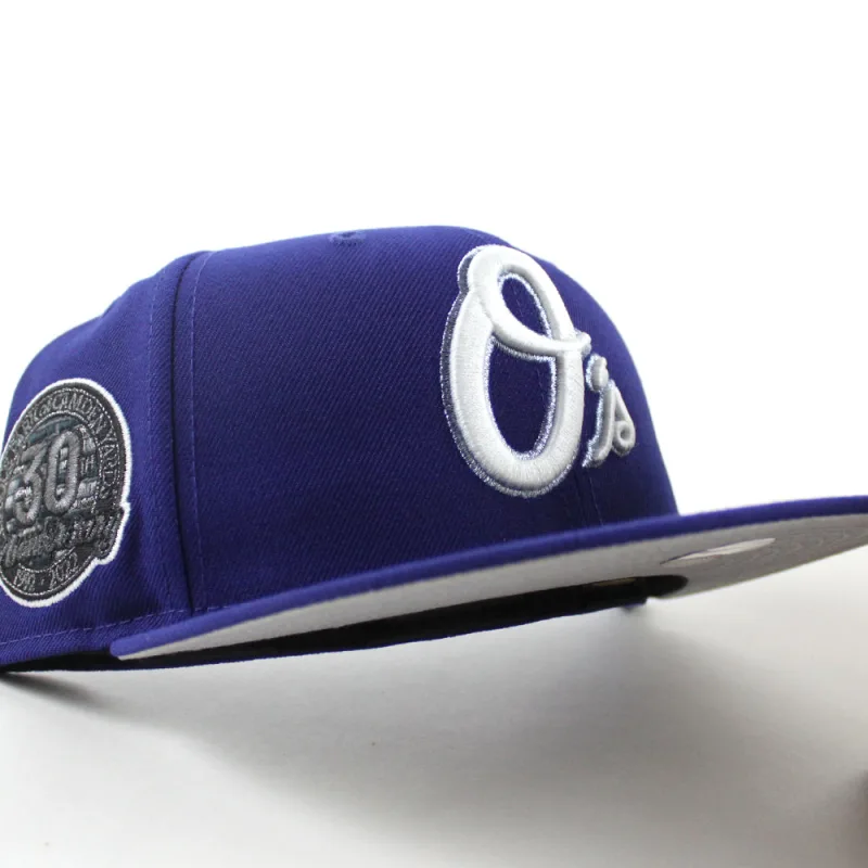 New Era Baltimore Orioles fitted hat Dark Royal Blue Gray Under Brim colorway - Baltimore Orioles 30th Anniversary 59Fifty New Era Fitted Hat (Dark Royal Blue Gray Under Brim)