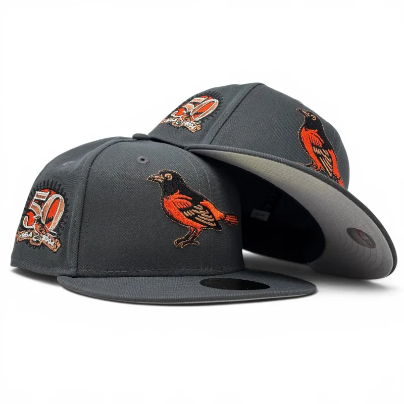 New Era Baltimore Orioles fitted hat gray colorway - Baltimore Orioles 50th Anniversary 59Fifty New Era Fitted Hats-Dark Gray
