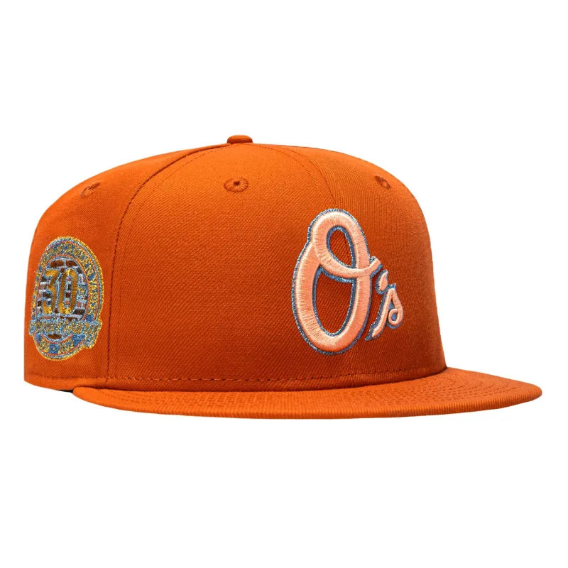New Era Baltimore Orioles fitted hat Light Burnt Orange colorway - New Era 59Fifty Terra Cotta Baltimore Orioles 30th Anniversary Stadium Patch Alternate Hat – Light Burnt Orange