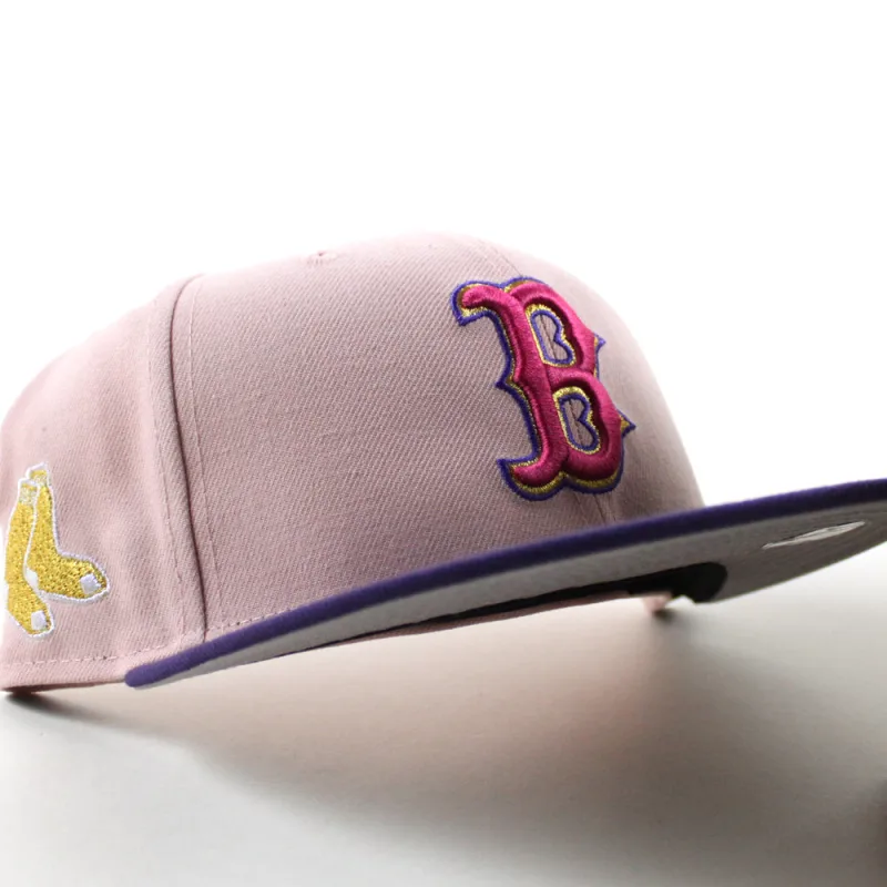 New Era Boston Red Sox fitted hat Pink Rouge Purple Gray Under Brim colorway - Boston Red Sox Gold socks Patch New Era 59Fifty Fitted Hat (Pink Rouge Purple Gray Under Brim)