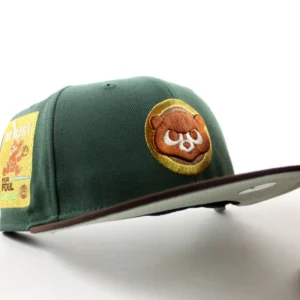 New Era Chicago Cubs fitted hat Mountain Green Burnt Wood Moss Under Brim colorway - Chicago Cubs be Alert For Foul Balls New Era 59Fifty Fitted Hat (Mountain Green Burnt Wood Moss Under Brim)