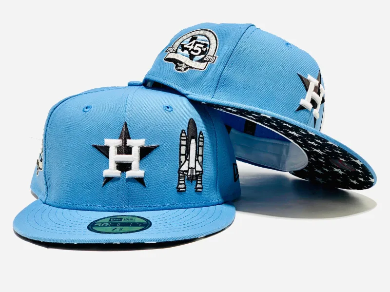 New Era Houston Astros fitted hat blue colorway - HOUSTON ASTROS 45TH ANNIVERSARY SPACE ROCKET SKY BLUE STAR PRINT BRIM NEW ERA FITED HAT