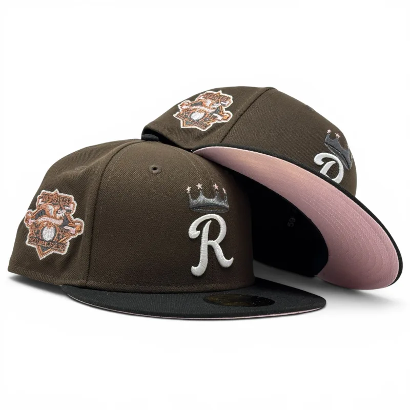 New Era Kansas City Royals fitted hat black, pink, brown, royal colorway - Kansas City Royals 100th Anniversary Pink Brim Fitted Hats-Brown Black