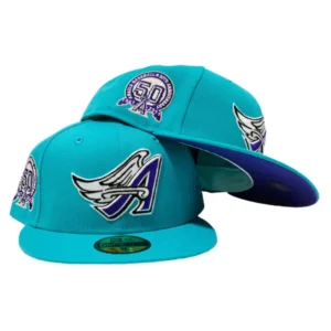 New Era Los Angeles Angels fitted hat purple, teal colorway - LOS ANGELES ANGELS 50TH SEASON TEAL PURPLE BRIM NEW ERA FITTED HAT
