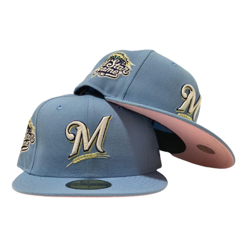 New Era Milwaukee Brewers fitted hat blue, pink colorway - MILWAUKEE BREWERS 2002 ALL STAR SKY BLUE COTTON CANDY PINK BRIM NEW ERA FITTED HAT