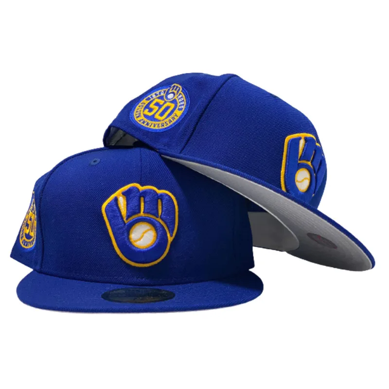 New Era Milwaukee Brewers fitted hat gray, royal colorway - MILWAUKEE BREWERS 50TH SEASON ROYAL GRAY BRIM NEW ERA FITTED HAT