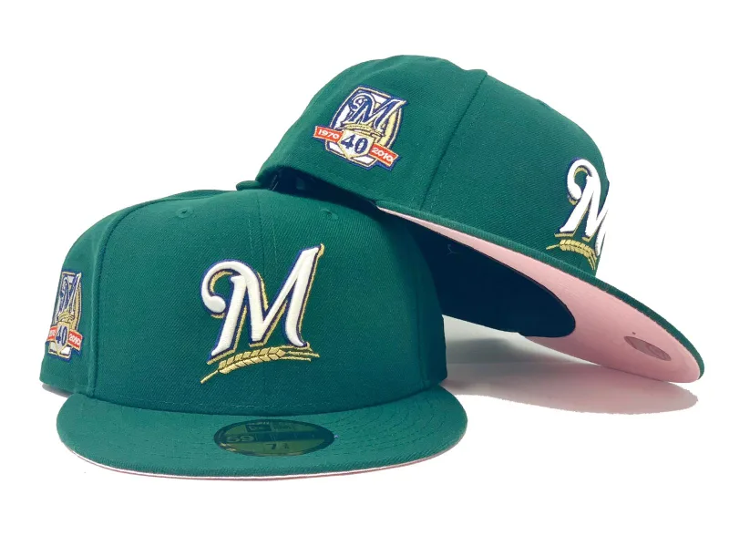 New Era Milwaukee Brewers fitted hat green, pink colorway - MILWAUKEE BREWERS 40TH SEASON DARK GREEN PINK BRIM NEW ERA FITTED HAT