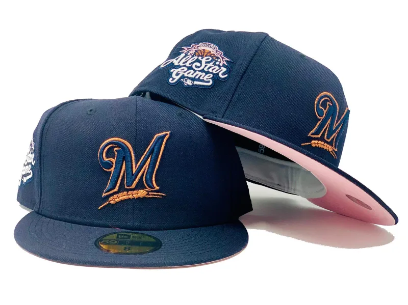New Era Milwaukee Brewers fitted hat navy, pink colorway - MILWAUKEE BREWERS 2002 ALL STAR GAME NAVY PINK BRIM NEW ERA FITTED HAT