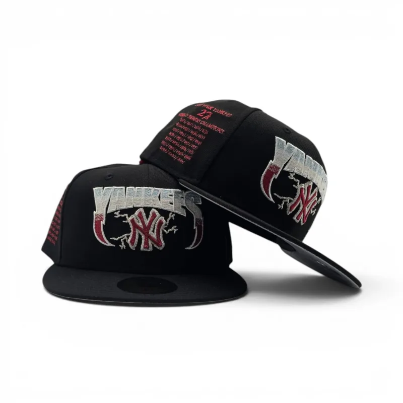 New Era New York Yankees fitted hat black, gray, red colorway - Black New York Yankees Lightning Logo Gray Bottom 27X World Series Champions List Side Patch New Era 59Fifty Fitted