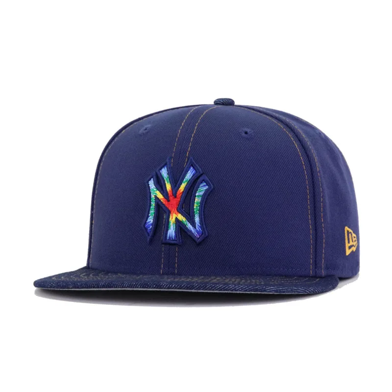 New Era New York Yankees fitted hat navy, red, blue, green, purple, orange, yellow, light navy colorway - New York Yankees Half Light Navy Denim TIE DYE New Era 59Fifty Fitted