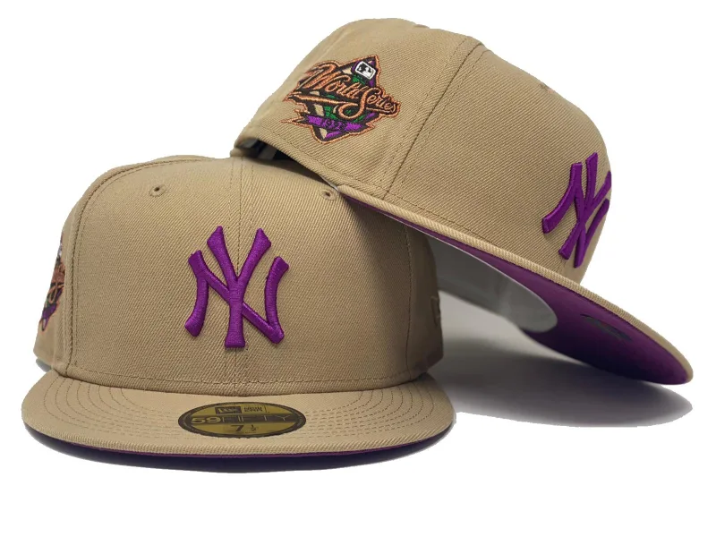 New Era New York Yankees fitted hat purple, tan colorway - NEW YORK YANKEES 1998 WORLD SERIES TAN PURPLE BRIM NEW ERA FITTED HAT